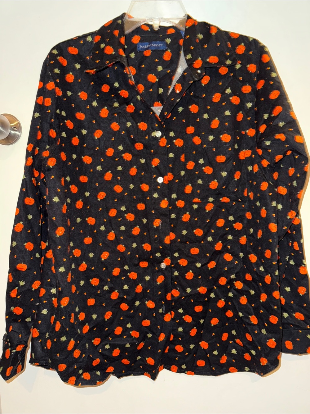 Karen Scott Black Button-Front Shirt with Orange Pumpkin Print